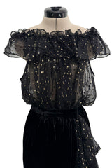 Rare Fall 1978 Yves Saint Laurent Runway Metallic Gold & Black Ruffle Top & Wrap Skirt Set