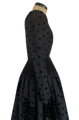 Fall 1974 Louis Mies Couture YSL Silk Taffeta Dress w Hand Embroidered Velvet Rose Detail