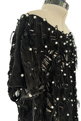 Rare 1980s Jan Faulkner Hand Made Black Suede Cut Out Mini Dress w Pearls & Fringe