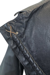 Fall 1982 Gianfranco Ferre Runway Black Blue Wrap Leather Jacket w Wide Sleeves & Huge Collar