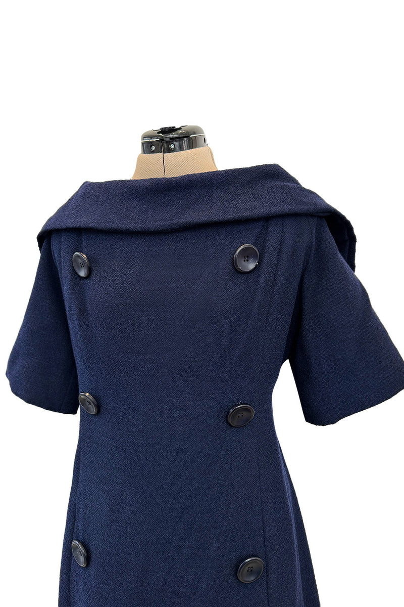 Late 1950s Christian Dior London by Marc Bohan Numbered Blue Shift Dress w Button Detailing