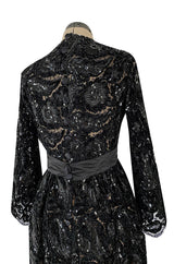 Incredible Fall 1970 Donald Brooks Runway Black Chenille & Sequin Net Lace Dress w Plunge Front