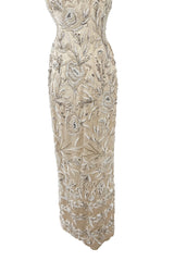 Amazing 1950s Mde. Etoile Ivory Silk Heavily Hand Beaded Demi Couture Dress w Scoop Back