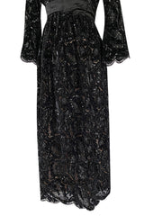 Incredible Fall 1970 Donald Brooks Runway Black Chenille & Sequin Net Lace Dress w Plunge Front