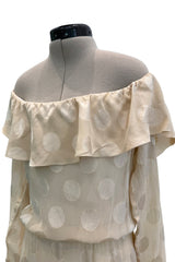 Amazing Fall 1973 Yves Saint Laurent Haute Couture Runway Off Shoulder Ivory Dress w Hand Applied Dots