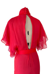 1970s Giorgio Sant'Angelo Red Silk ChiffonDress w Pink Silk Chiffon Lining & Prettiest Gusset Skirt