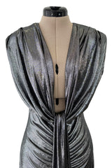 Fantastic 1990s Gianni Versace Metallic Silver Stretch Jersey Dress w Front Plunge & Long Tie
