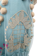 Prettiest Vintage Unlabeled Dusty Pale Blue Net Applique & Embroidered Dress w Ribbon Waist Tie