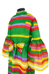 Spectacular 1968 Bill Blass Bright Striped Silk Organza Dress w Original Bow Belt & Bell Sleeves