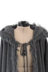 Phenomenal Fall 1977 Yves Saint Laurent Runway Deep Charcoal Grey Fringed Cape w Hood