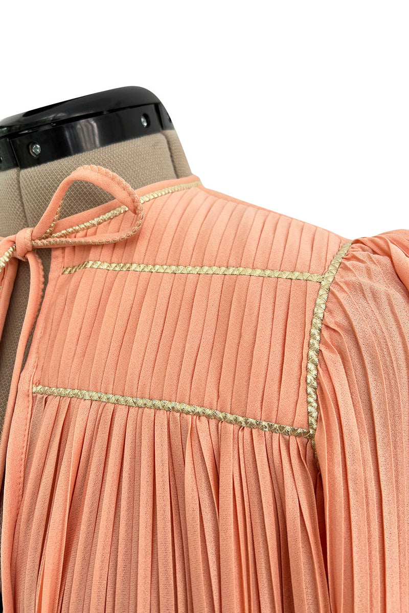 Versatile 1981 Bill Tice Full Length Pleated Peach Coloured Jersey Coat w Gold Cord Detailing