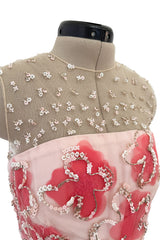 Dreamy 2000s Oscar de la Renta Pink Net & Floral Silk Dress w Bead & Flower Sequin Detailing
