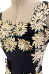 Bombshell Late 1940s Early 1950s Deep Blue Silk Wiggle Dress w Hand Cut Sequin Floral Applique