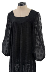 Chic c.1973 Yves Saint Laurent Black Gauzy Feeling Silk Chiffon Dress w Pattern & Full Sleeves