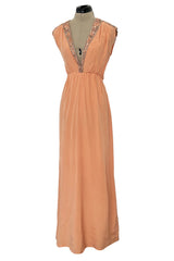 Documented 1960s Tiziani Couture by Karl Lagerfeld Peach Silk Plunge Dress w Matching Feather Cape