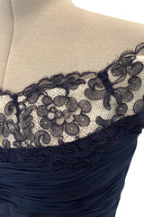 Elegant 1950s Jobere New York Deep Blue Silk & Silk Chiffon Dress w Lace Detailing