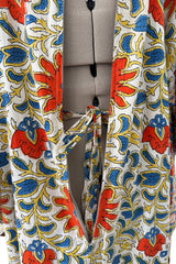 Prettiest 1960s Hand Block Printed Coral Blue & Ivory 100% Cotton Full Caftan w Front Belt