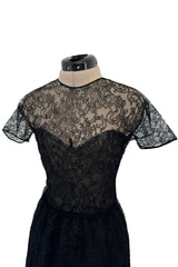 Spectacular Spring 1992 Oscar de la Renta Extremely Fine Black Lace Dress w Tiered Ruffled Full Skirt