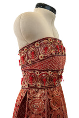 Stunning 1960s Paul Whitney Numbered Strapless Beaded Gold & Red Silk Brocade Dress