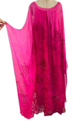 Dreamy 1970s Hanae Mori Pink Layered Bias Cut Silk Chiffon Caftan Dress w Floral Print