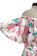 Dreamy Spring 1987 Yves Saint Laurent Off Shoulder Pink Feather & Bow Print Silk Dress