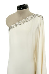 Beautiful 2000s Emilio Pucci Ivory Silk One Shoulder Caftan Dress w Gold & White Beaded Detail