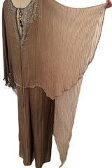 Amazing 1970s Unlabelled Feather Light Graduated Silk Ribbon Chiffon Cape Top & Wide Leg Pant Set