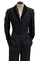 Chic Fall 2002 Yves Saint Laurent by Tom Ford Black Pant Suit w Velvet Trim & Curved Sleeves