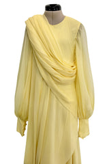 Exceptional 1970s George Stavropoulos Pale Yellow Bias Cut Silk Chiffon Caftan Dress w Attached Panel