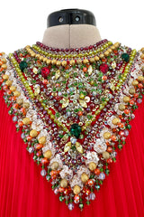 Prettiest Unlabeled 1960s Red Pleated Chiffon Dress w Densely Beaded & Sequin Bib Collar
