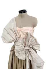 Dreamy Early 1980s Bill Blass Pink, Champagne & Taupe Silk One Shoulder Dress w Full Skirt