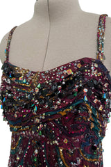 Exquisite 1965-66 James Galanos Couture Heavily Hand Beaded & Sequined Silk Print Dress