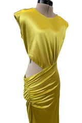 Incredible 1990s Gianni Versace Chartreuse Stretch Dress w Side Cut Out & Slit