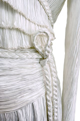 Stunning 1970s-80s Mary McFadden Couture White Pleated Dress w Attached Braided Belt