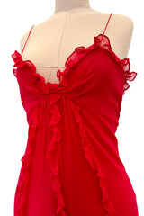 Magical 1990s Bill Blass Perfectly Minimalist Bias Cut Red Silk Chiffon Dress w Tiny Ruffle Detailing