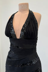 Versace Fall 2006 Black Silk & Sequin Plunge Dress - 14-14.5" W