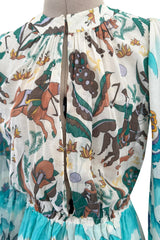 Rare 1971 Thea Porter Actual Book Piece Silk Cotton Gauze Dress w Sheila Hudson Horseman Print