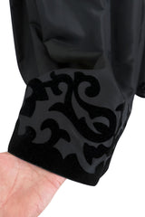 Early 1980s Louis Feraud Black Silk Tafetta Dress w Puff Shoulder Sleeves & Velvet Detailing