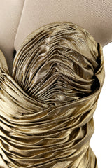 1989 Vicky Tiel Couture Metallic Gold Lame Gathered & Draped Strapless Dress