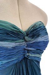 Spring 1990 Oscar De La Renta Ocean Blues Silk Chiffon Strapless Dress w Gathered Bodice