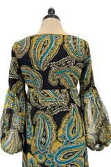 Rare 1960s Thea Porter Couture Printed Silk Chiffon Dress w Gold Sequins & Gold Metal Thread Detailing
