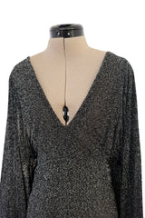 Fabulous 1970s Ossie Clark Metallic Silver & Black Lurex Knit Lame Plunge Dress