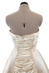 1950s Philip Hulitar Couture Strapless Gathered Front Champagne Ivory Silk Dress w Bow