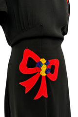 Gorgeous 1940s Unlabeled Black Crepe Dress w 3D Floral Detailed Bright Red Bow Appliques