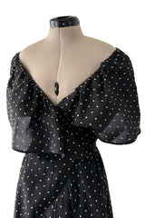 Dreamy 1981 Halston White Embroidered Dot on Black Wrap Off Shoulder Dress w Caped Neckline