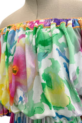 Prettiest 1970s Leonard Washed Floral Pastel Print Silk JerseyEasy -to-Wear Elastic Off Shoulder Dress
