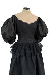 Documented Resort 1978 Oscar de la Renta Backless Black Silk & Lace Dress w Full BalloonmSleeves