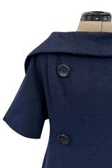 Late 1950s Christian Dior London by Marc Bohan Numbered Blue Shift Dress w Button Detailing