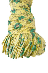 Documented Spring 1988 Emanuel Ungaro Pale Yellow Silk Taffeta Strapless Dress w Floral Print