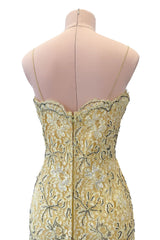 Fabulous 1950s Unlabeled Pearl, Bead & Feather Detailed Yellow Lace Dress w Matching Cape